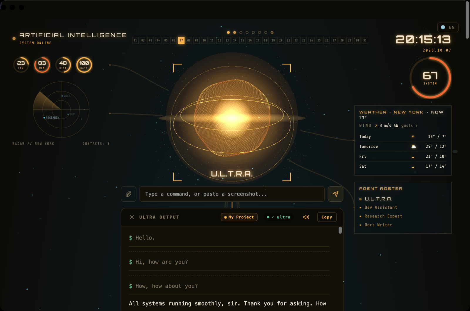 The real ULTRA dashboard in Obsidian: the gold orb, weather, agents and her output window.